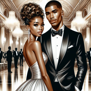 A light skin African American couple at a fancy ballroom event....