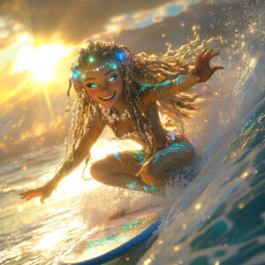 adorable happy female elf fairy water trolls riding a wave on a...