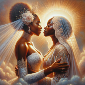 Imagine a hyper-realistic oil painting that captures a tender moment between theAfrican American bride and her God. The setting is intimate and filled with soft, warm lighting that enhances the emotional depth of the scene. The bride, in herexquisite wedding gown, shares a heartfelt embrace with her african-American Lord Jesus , who is dressedin an elegant outfit that complements the wedding's color scheme. Their expressions are full of love, pride, and joy, reflecting the special bond between them. Theattention to detail is paramount, from the intricate designs of their dresses to the subtle emotions conveyed in their facial expressions. The background is a blur ofgentle pastel hues, ensuring that the focus remains on this touching moment. Thispainting should convey the warmth, love, and depth of the relationship, with the rich textures and vibrant strokes characteristic of oil paintings, capturing the essence of this significant pre-wedding moment.