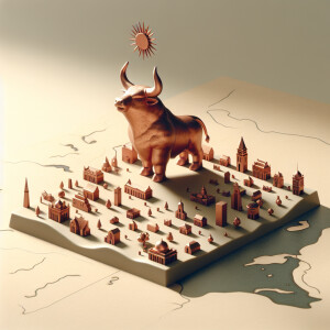 Copper bull and minions kingdom on flat map