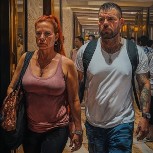 Hyperrealism.A sweaty  man walking with his mother in law with n...