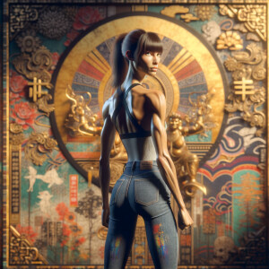 Athletic Thin skinny Attractive, Asian teenage girl, long brown hair and bangs, wearing tight skinny jeans and a halter top paint marks on her clothing, heroic pose Asian graffiti background, backside view