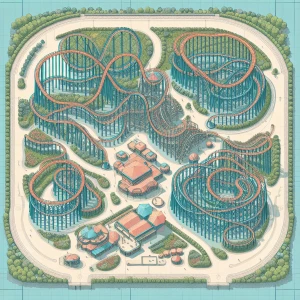 Create a 2D theme park map featuring seven distinct yet COMPACT...