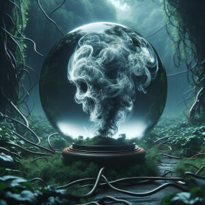 A glass orb, inside glowing smoke in the shape of a face,  overg...