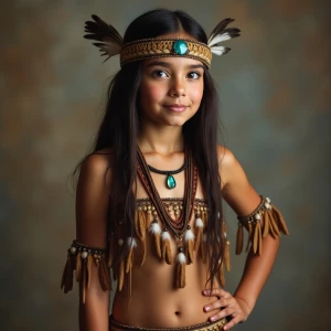 A Native American teen woman, dressed in her tribe's traditional...