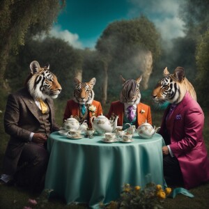 A whimsical tea party with diffrent animals in suits as guest su...