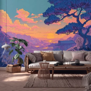 Wallpaper with Japanese countryside during sunset