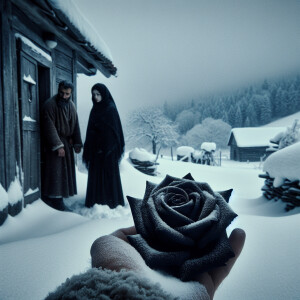 On the threshold of their house, in winter, a man and a woman fo...