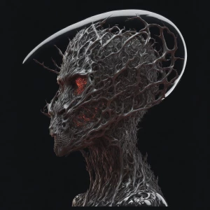 Biomechanical alien creature in side profile with a partially tr...