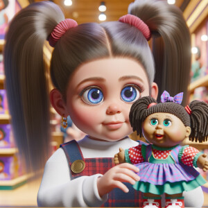 Create a 3-D image of a little girl inside of a very large toy store. The little girl has thick, ponytails and huge blue eyes. She is playing with her favorite doll, the doll is a African-American Cabbage Patch doll. That looks just like her.