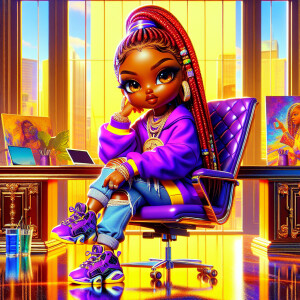 A glossy oil painting of an African American Chibi woman tan ski...