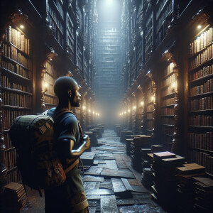 A man with a backpack is standing in an old gloomy library with...