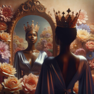 An African-American woman stands before a mirror, her gaze introspective and curious. As she peers into the reflective glass, a majestic transformation unfolds within its frame. Her reflection reveals not just her everyday visage, but that of a regal queen adorned with an elegant crown, symbolizing strength, wisdom, and grace. The crown is intricately designed, shimmering with the promise of untold stories and heritage. Around her, the background blossoms into a serene tableau of pastel flowers, each petal a whisper of beauty, resilience, and growth. These gentle hues of pinks, blues, and yellows create a soft, dreamlike atmosphere, enveloping the queen in a world where her royal essence is acknowledged and celebrated. This image captures the moment of self-realization and empowerment, a visual metaphor for the inner royalty that resides within, waiting to be acknowledged in the mirror of her soul.