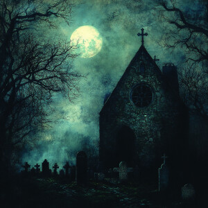 Old church cemetery on a moonlit foggy evening