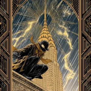 Create an image in manga-style depicting a noir detective crouch...