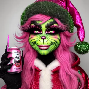 A graceful female grinch wearing a pink and black Santa  hoodie...