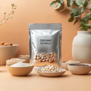 A silver-colored pouch of organic soy milk, centered, sits among...