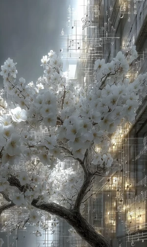 White flowering tree. music notes, glitch, oozing cosmic oily li...