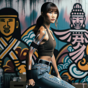 Very thin Athletic Thin skinny Attractive, Asian teenage girl, long brown hair and bangs, wearing tight skinny jeans and a halter top paint marks on her clothing, sitting side view heroic pose Asian graffiti