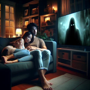 A couple cozily snuggled on the sofa, engrossed in a horror movi...