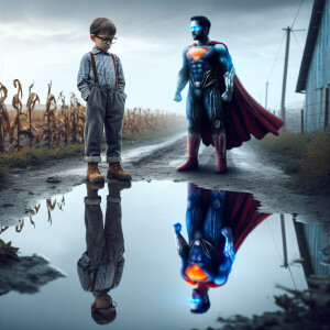 Cinematic photo of a standing young Clark Kent gazes into puddle...