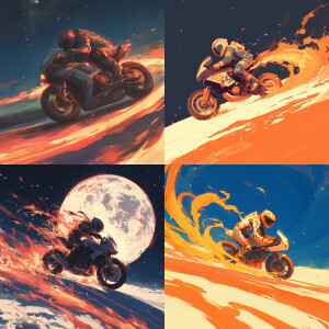 a motorcyclist in the style of a Disney cartoon leaves a fiery t...