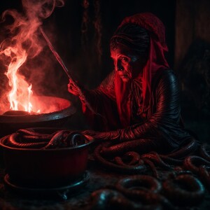 A grotesque female alien wizard with wrinkled red and black skin...