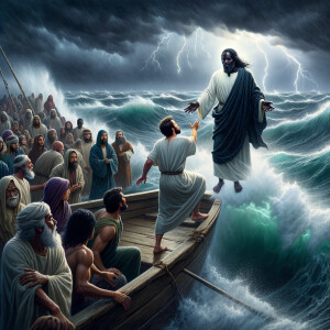 African-American Jesus telling Peter to come walk on the water,...