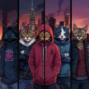 A group of five gangster cats, each with unique outfits (hoodie,...
