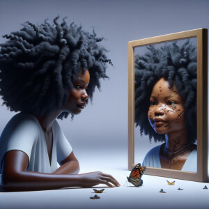 Create a 3-D realistic beautiful African-American  women with thick curly black hair
Looking at herself in the mirror, but the reflection she sees is a child, and she is no longer beautiful. She is ugly with scars. There is a fallen butterfly.