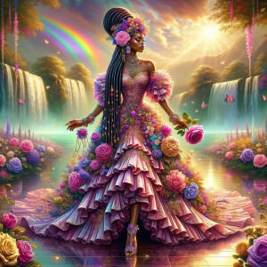 Remix Prompt
S/O Jackie Torres
S/O Panda Locke

create a animated style hyper realistic airbrush whimsical oil painting of a light African American woman wearing a flawless beautiful purple, pink, and gold blossom dress long flowing with colorful flowers and ruffles on the dress colorful jewelry made of flowers she has long black dreadlocks in a bun a colorful rose in her hair her peep toe shoes is matching her dress behind her is a beautiful waterfall liquid glowing lights beautiful colorful rainbow surrounded by beautiful roses.