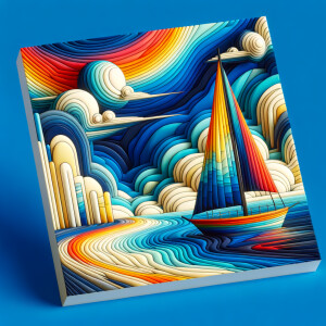 Pain the beach in an abstract with blue sky and a sail boat with...