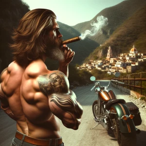 Create an image of a robust, muscular biker with shoulder-length...