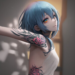 anime tattoo bright ink on young woman, 105mm, lumix GH5 --ar 2:...