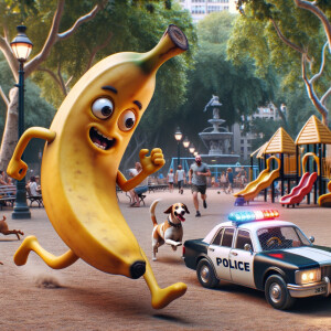 Banana running in the park away from playground, dog chasing in...