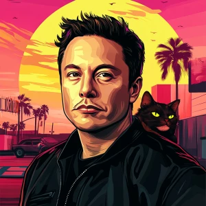 Elon Musk with CAT face in GTA art style, , in the style of a G...