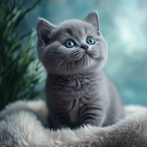 A photorealistic British Shorthair kitten with silver-blue fur a...
