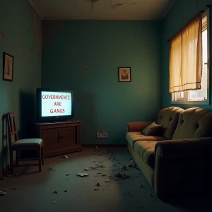 An uncomfortable vandalized room with a tube TV that has an emergency broadcast that says “GOVERNMENTS ARE GANGS” on the screen