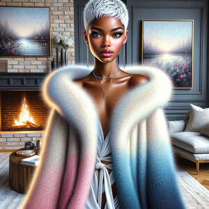 a full body veiw of a colorful gloss hyper realistic oil painting of a regal beautiful light skinned afro  American girlwith beautiful pixie cut one side of hair is black and the other side  of her hair white slick baby hair and furry white and pink and blue furry coat and outfit under the coat standing in living room with fireplace