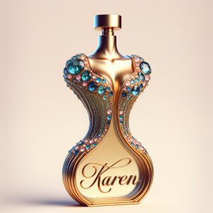 Create a 3-D realistic gold and blue, colorful jewels perfume b...