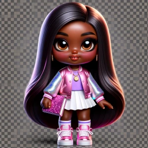 “Full-body, ultra-glossy chibi-style African American teen girl...