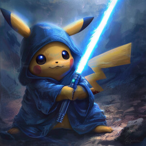 Pikachu in blue jedi robe with blue light saber chopping of head