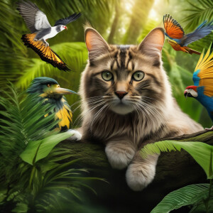 A flying cat with some other animals in the jungle