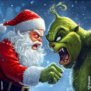 Generate a picture with Santa Claus on the left and the Grinch o...