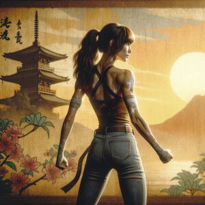 Athletic Thin skinny Attractive, Asian teenage girl, long brown hair and bangs, wearing tight skinny jeans and a halter top paint marks on her clothing, heroic pose Asian graffiti background,  backside view