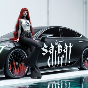 Disney Princess Ariel leans on a Toyota Mark II car. Ariel is we...