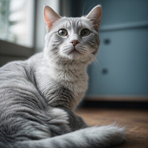 A gray and white cat, looking up at the viewer with a pleasant e...