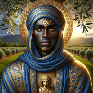 Create a beautiful African-American Jesus Christ with Hazel, brown eyes and blue and gold robe