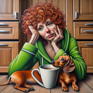 A whimsical funny pretty woman with shaggy curly red hair wearin...