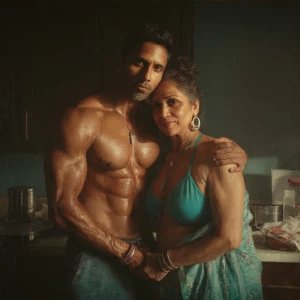 Realism photo painting.a muscular sweaty indian man standing b...